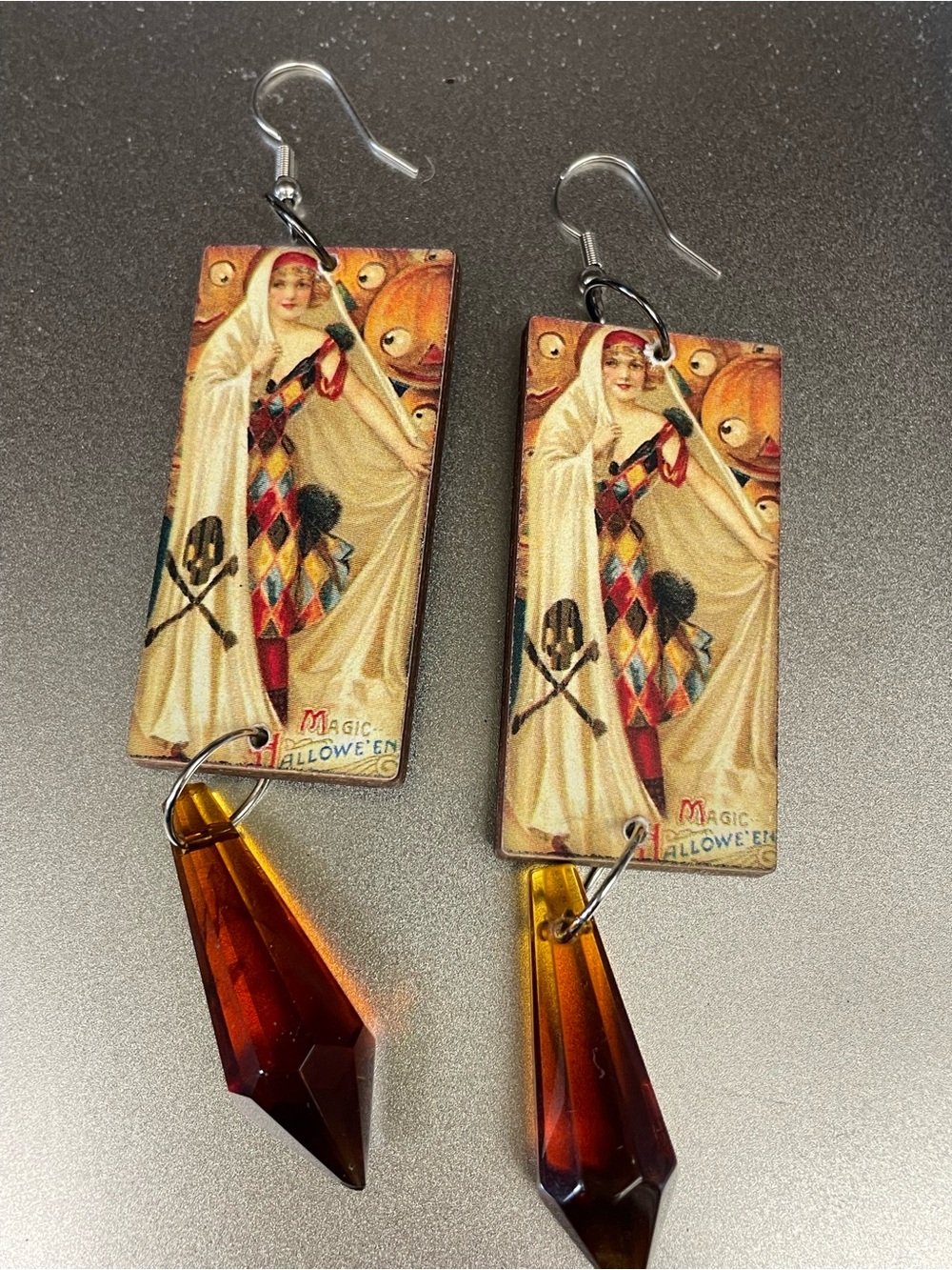 Harlequin Ghost Queen Dangle Earrings in Cream and Amber